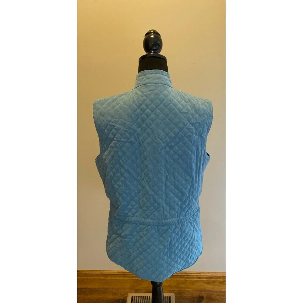 Talbots Vest Quilted Lined Size Medium Steel Blue Full Zipper Pockets Drawstring